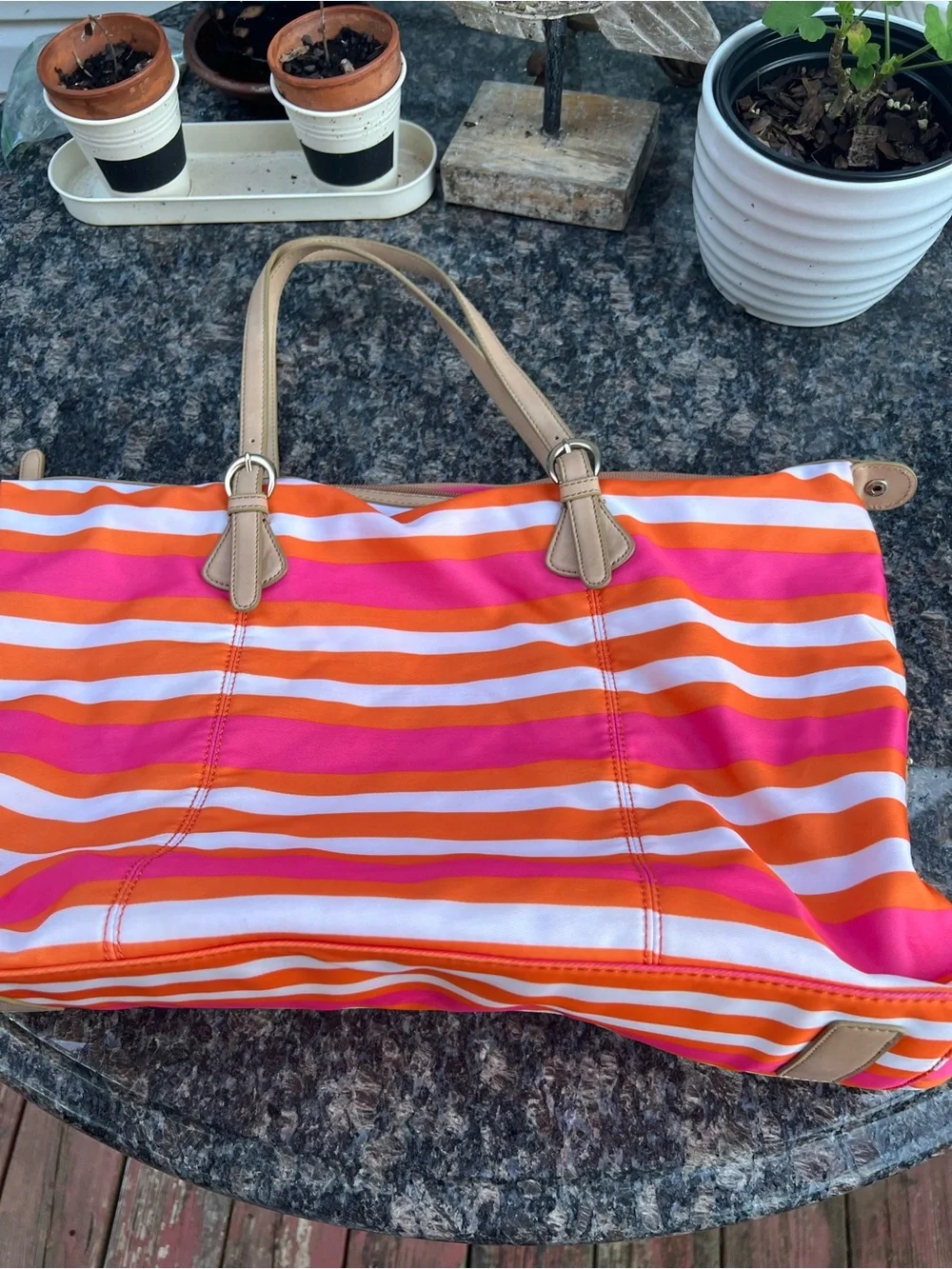 Banana Republic Pink, Orange & White Striped Tote with Neutral Handles